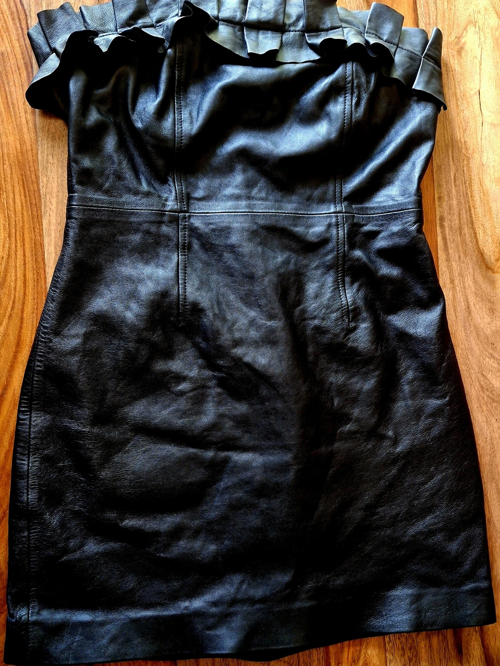NWT House of Harlow 1960 Black Strapless Leather Mini Dress with Ruffle Trim